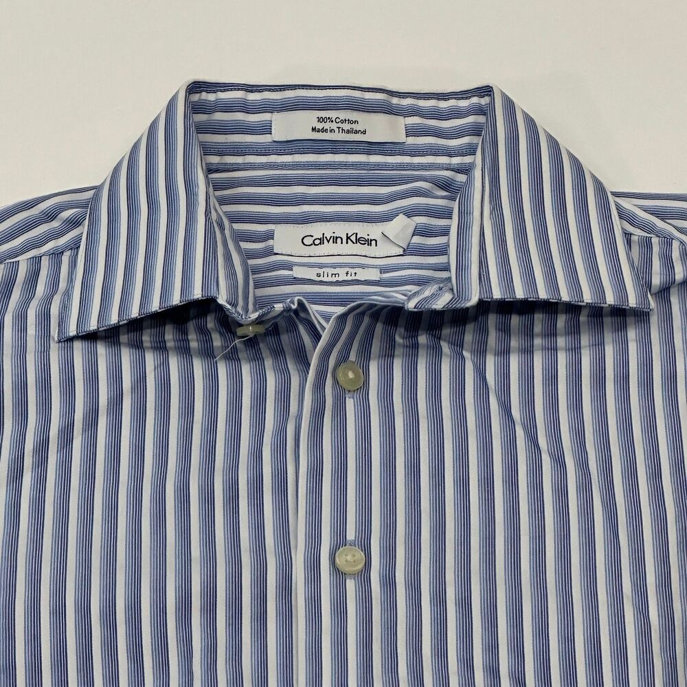 Calvin Klein Men's Dress Shirt Blue White Stripe Slim Fit, Size 15.5 34/35